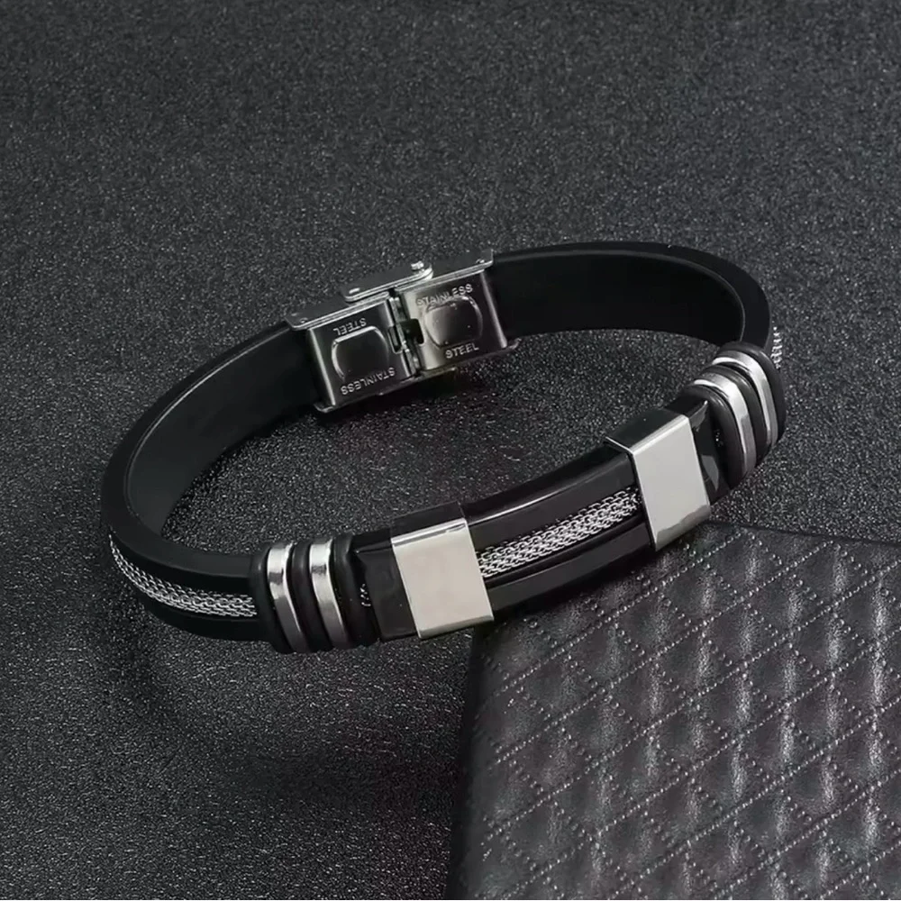 Men silicone Bracelet Bangle Stainless Steel Black 9”